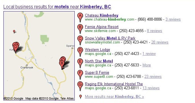 Google Local Search - motels in kimberley, bc